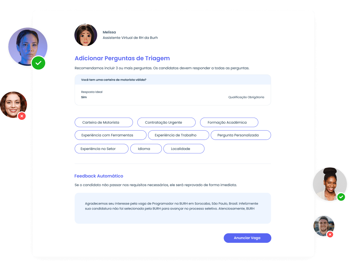 Dashboard de Recrutamento e Seleção da Burh com indicadores de funil e fontes de candidatos